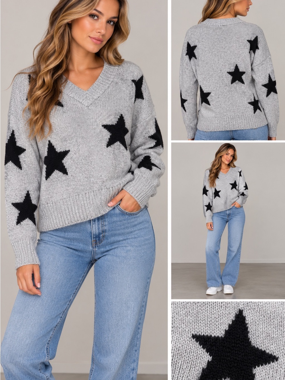 torrid Gray V-Neck Star Sweater with Black Stars